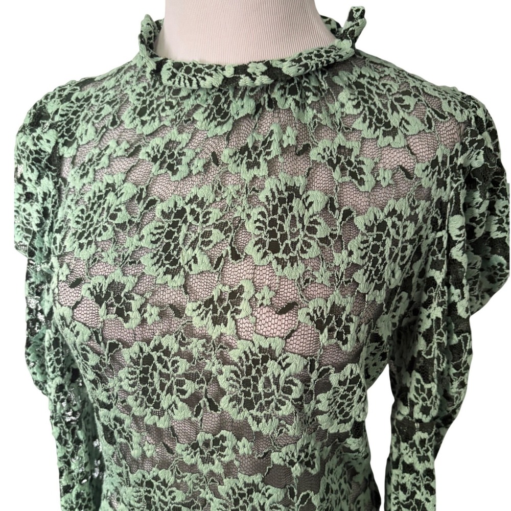 Dolan Left Coast Collection Top Small S Green Black Lace Puff Sleeve Mock Neck